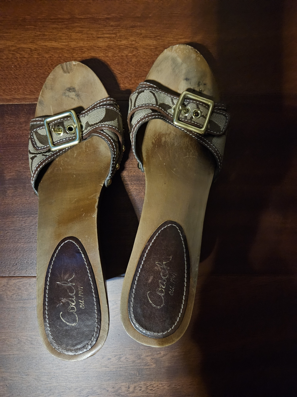 Coach Brown Canvas & Leather Buckle Slide Mules